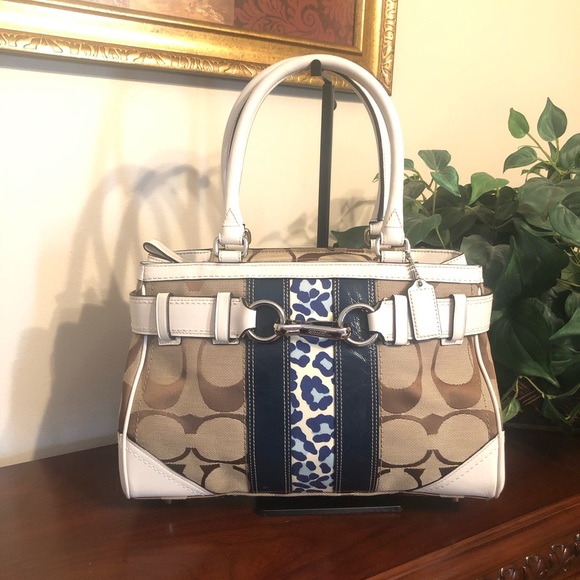 Coach Hamptons Signature Stripe Leopard Carryall Satchel Handbag - Picture 15 of 16